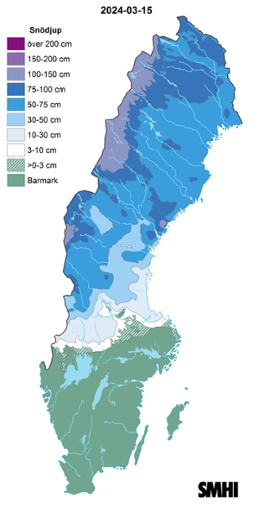 Sverigekarta som visar snödjupet den 15 mars 2024.