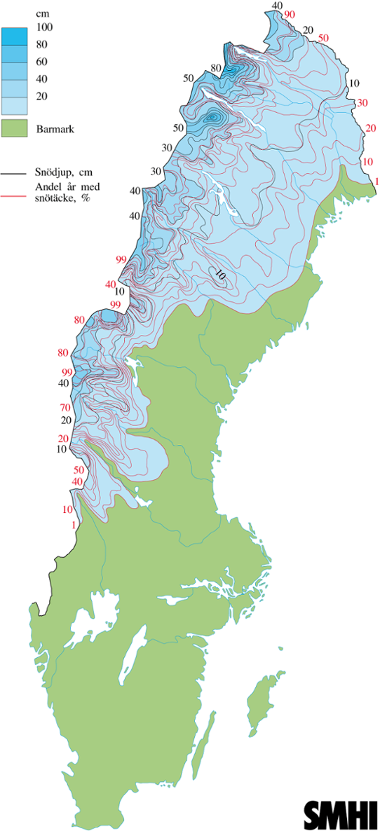 Normalkarta snödjup och andel år med snötäcke15 maj, 1961-1990 