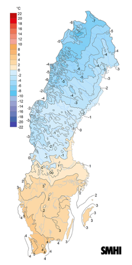 Sverigekarta som visar månadsmedeltemperaturen under mars 2024
