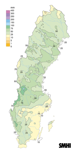 Sverigekarta som visar nederbördssumma under mars 2024.