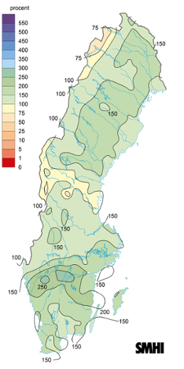 Sverigekarta som visar nederbördens avvikelse från det normala under april 2024.