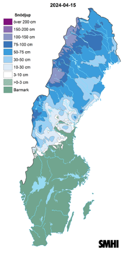 Sverigekarta som visar snödjupet den 15 april 2024.