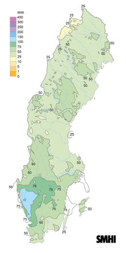 Sverigekarta som visar nederbördssumma under april 2024.