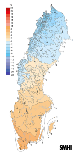 Sverigekarta som visar månadsmedeltemperaturen under april 2024.