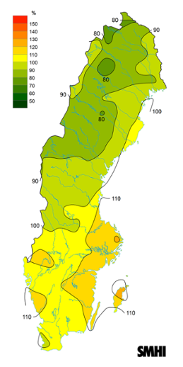 Sverigekarta som visar byvindens avvikelse från det normala (1996-2015) under april 2024.