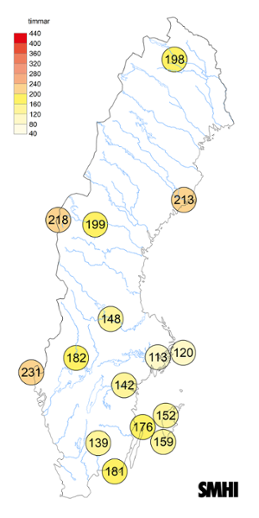 Sverigekarta som visar antal soltimmar under april 2024.