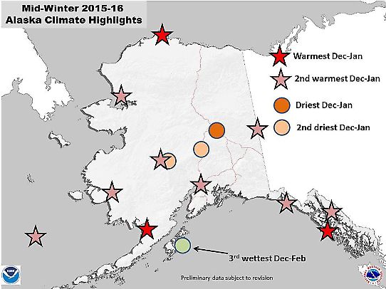 Karta över extremer i Alaska vintern 2015/2016