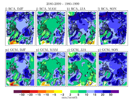 The change in seasonal precipitation for an ensemble of regionally downscaled projections.