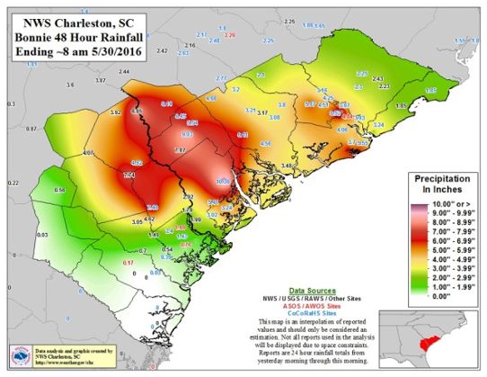 Den tropiska stormen Bonnie gav kraftigt regn i delstaten South Carolina