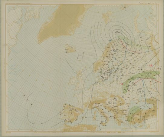 Väderläget 9 april 1940 kl 14. Observationerna har försvunnit från Norge och Danmark.