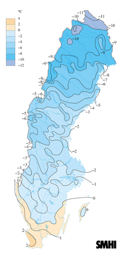 Karta över medeltemperaturen i mars 2010. 