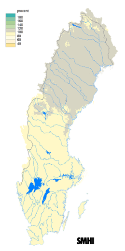 Karta över beräknad markvattenhalt i procent av den normala, 15 februari 2017.