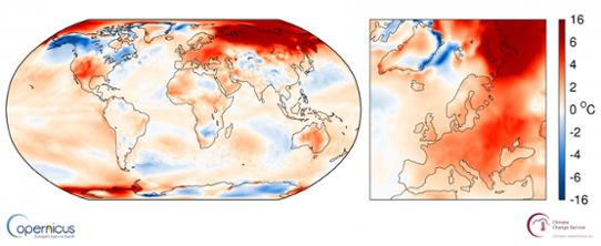 Global temperaturanomali (vänster bild) mars 2017 samt för Europa (höger bild). 