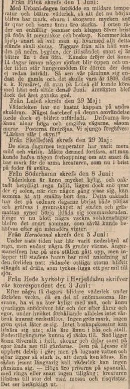 Tidningsurklipp om läget i Norrland i månadsskiftet maj/juni 1867