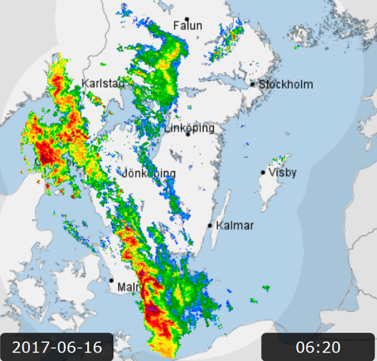 Nederbörden i form av radarekon 2017-06-16 kl 6:20 (sommartid).
