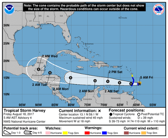 Prognoserad bana för den tropiska stormen Harvey
