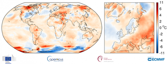 Global temperaturanomali för augusti 2017 (vänsterbild) samt för Europa (höger bild)