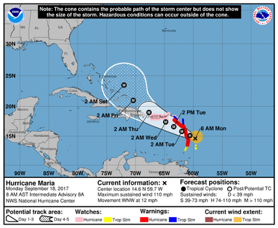 Prognoserad bana för den tropiska orkanen Maria