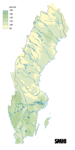 Karta över beräknade markvattenhalt i procent av den normala, 15 augusti 2010 