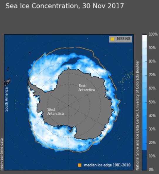 Havsisens utbredning kring Antarktis den 30 november 2017