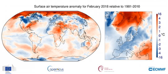 Global temperaturanomali (vänster bild) i februari 2018 samt för Europa (höger bild).