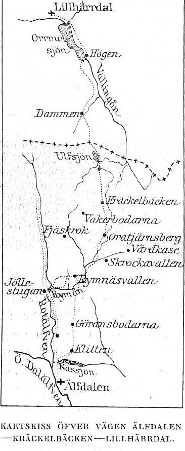Erik Engströms kartskiss 1911 över vägen från Älvdalen till Lillhärdal över Kräckelbäcken (Engström 1914, sid 308)