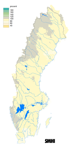 Karta över beräknad markvattenhalt i procent av den normala, 15 september 2018.