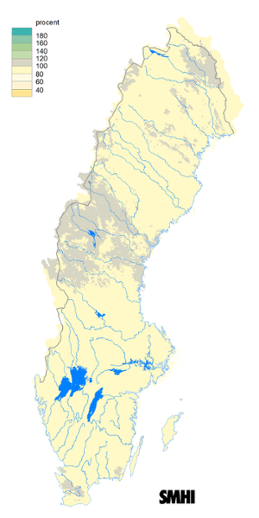 Karta över beräknad markvattenhalt i procent av den normala, 15 januari 2019.