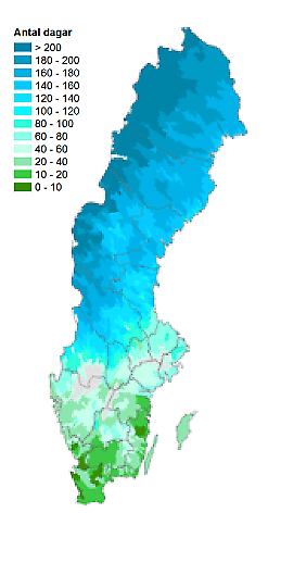 Antal dagar med snötäcke, minst 5 mm vatteninnehåll Sverige