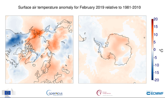 Temperaturavvikelsen för Arktis (vänster bild) och Antarktis (höger bild) i februari 2019 relativt perioden 1981-2010.
