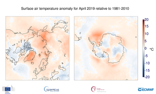 Temperaturanomali i polarområdena i april 2019