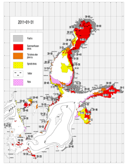 Karta över isutbredning och ytvattentemperatur i havet 31 januari 2011 