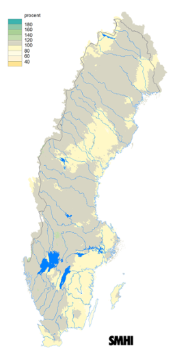 Karta över beräknad markvattenhalt i procent av den normala, 15 september 2019.