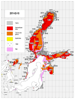 Karta över isutbredning och ytvattentemperatur i havet 15 februari 2011