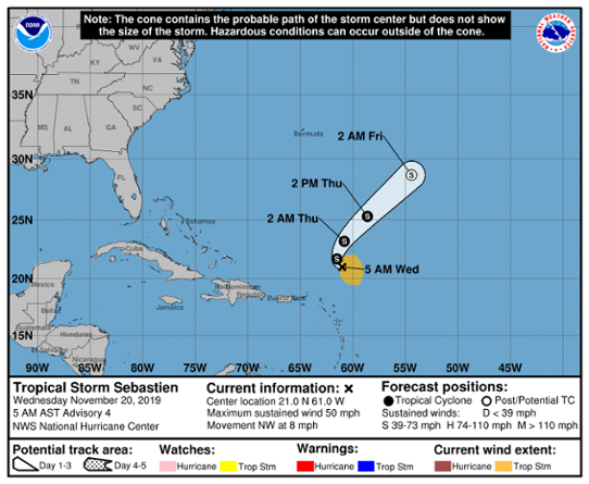 Prognoserad bana för den tropiska stormen Sebastien utfärdad den 20 november.