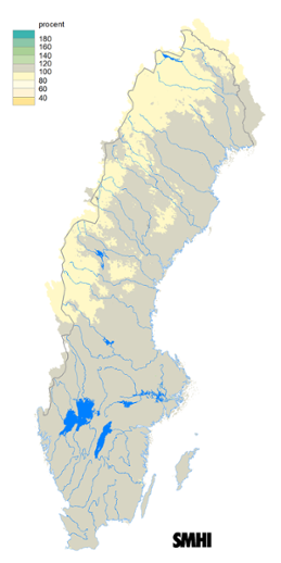 Karta över beräknad markvattenhalt i procent av den normala, 15 december 2019.