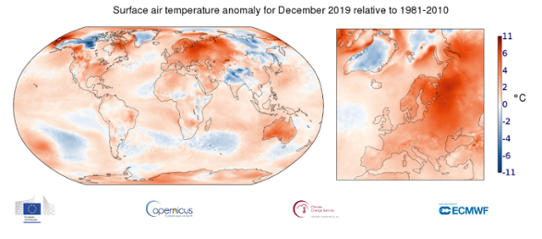 Global temperaturanomali i december 2019