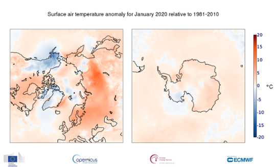 Temperaturavvikelse i polarområdena i januari 2020