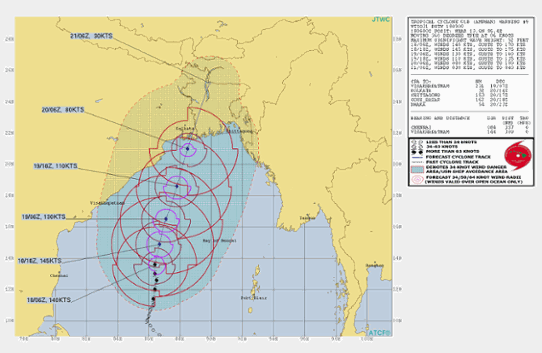 Prognoserad bana och intensitet för den tropiska orkanen Amphan.