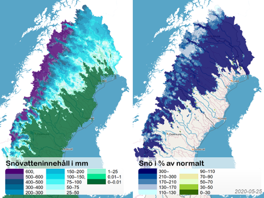 Karta som visar snöns vatteninnehåll i mm 2020-05-25