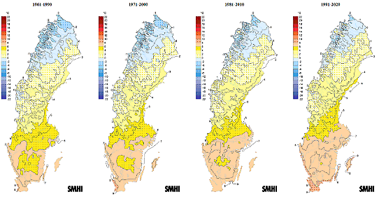 Kartorna visar årsmedeltemperaturen i Sverige för normalperioderna 1961-2020.