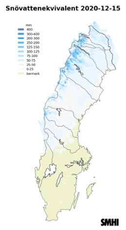 Karta över snötäckets beräknade vattenvärde 15 december 2020. 