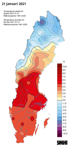 Avvikelsekartorna visar hur mycket dygnsmedeltemperaturen för varje dygn avviker (i °C) från medeltemperaturen för detta dygn (preliminärt medelvärde för normalperioden 1991–2020).