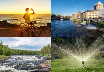 Fyra bilder. en cyklist dricker vatten vid havet, ett vattenkraftverk, en fors och bevattning av gräsmatta