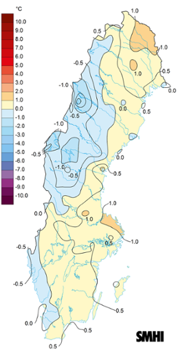 Temperaturavvikelsen för vintern utifrån den nya normalperioden 1991-2020.