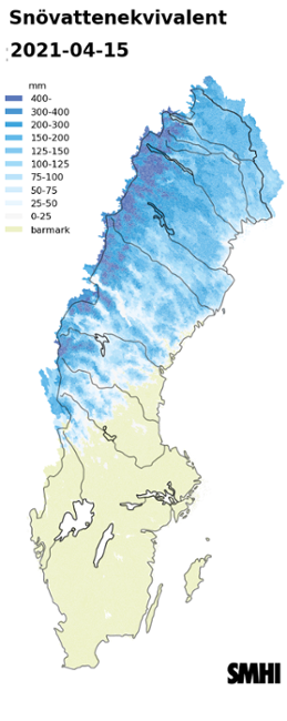 Karta över snötäckets beräknade vattenvärde 15 april 2021. 