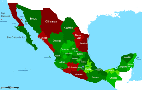 Kartan visar de olika delstaterna i Mexiko.