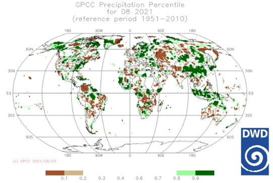 Global nederbördsanomali i augusti 2021
