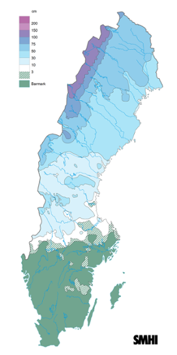 Sverigekarta som visar snödjupet den 15 januari 2022