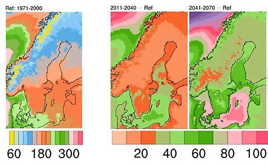 Kartor som visar vegetationsperiodens längd i dagens klimat och framtiden.